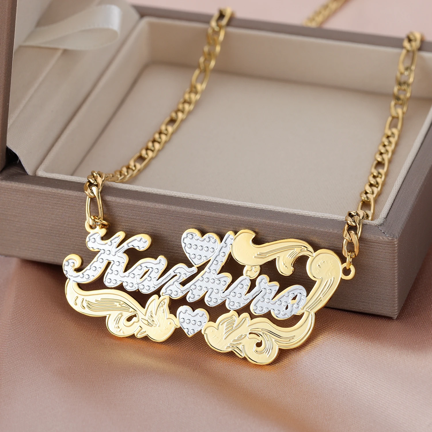 Zciti individuelle Namenskette, 18 Karat Gold, zweifarbig, Gold, personalisierter Schmuck, Edelstahl-Halsketten, Doppelplatte, 3D-Namensschild, Geschenk – Detail 6