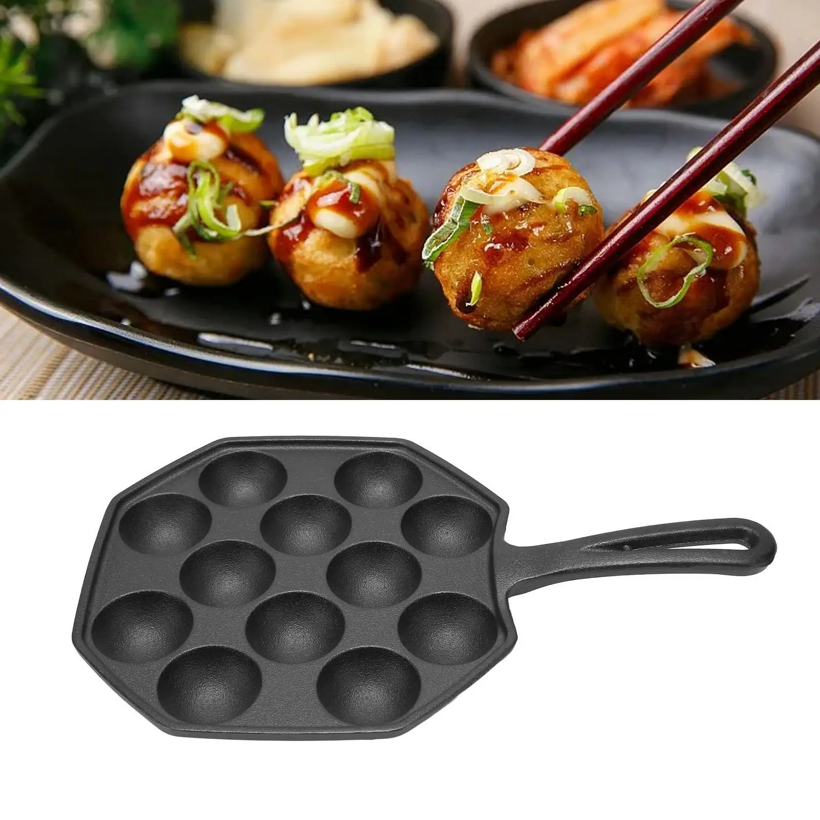 12-Cavity Takoyaki Maker Skillet - Cast Iron Non-Stick Octopus Meatball Pan, Stain Resistant for kitchen Essential