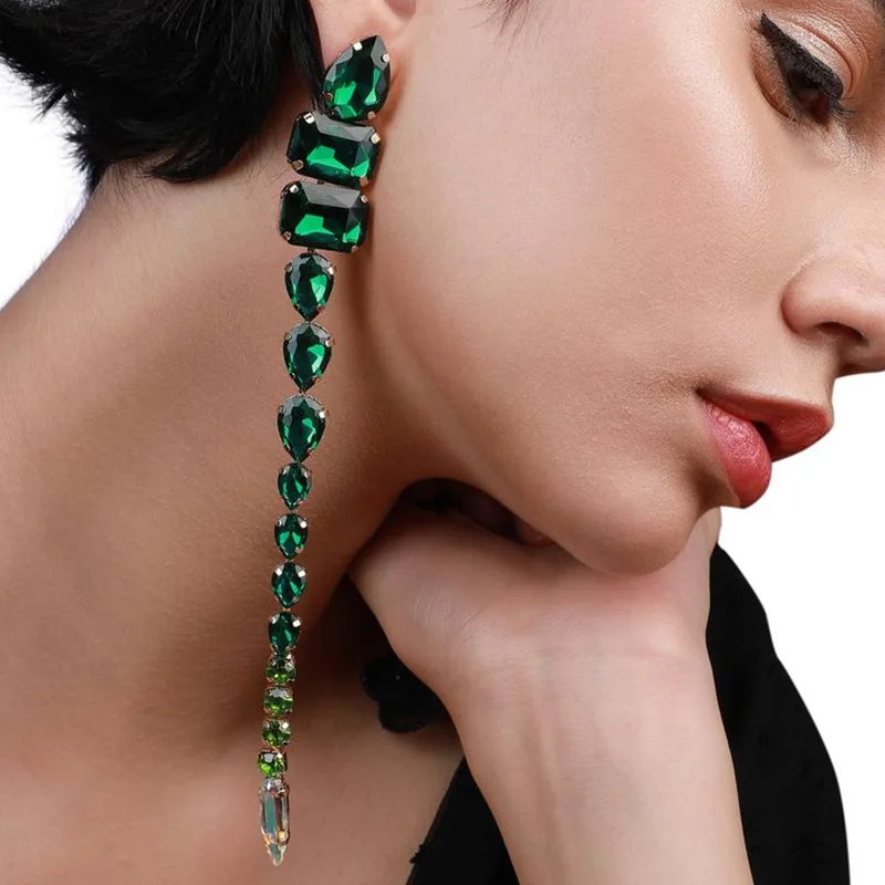 

Green Crystal Long Tassel Square Drop Earrings Party Jewelry for Women Man Clear Rhinestone Oversize Dangle Earring Fashion Gift