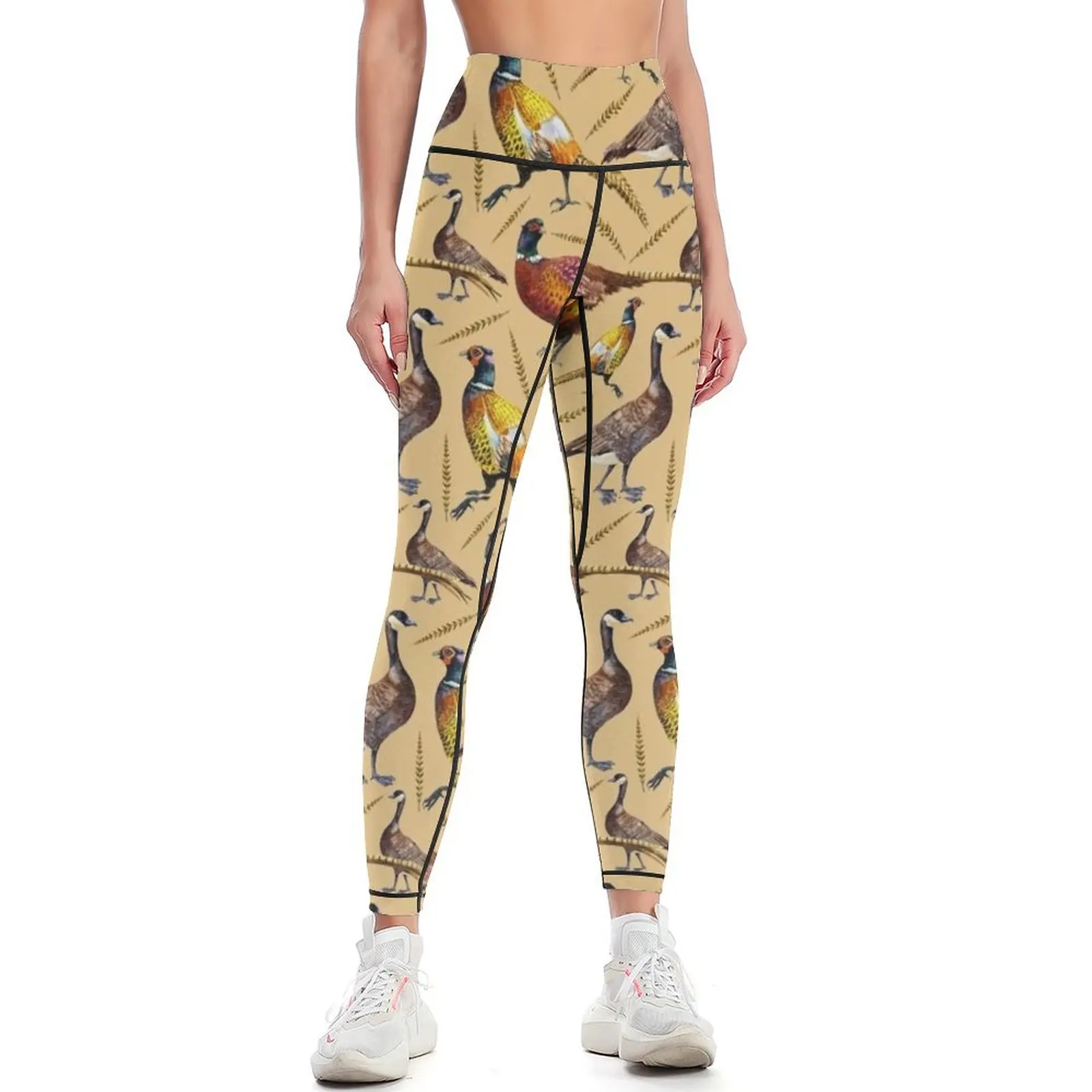 

Vintage brown orange colorful pheasant birds pattern Leggings gym wear sport set active wear Womens Leggings