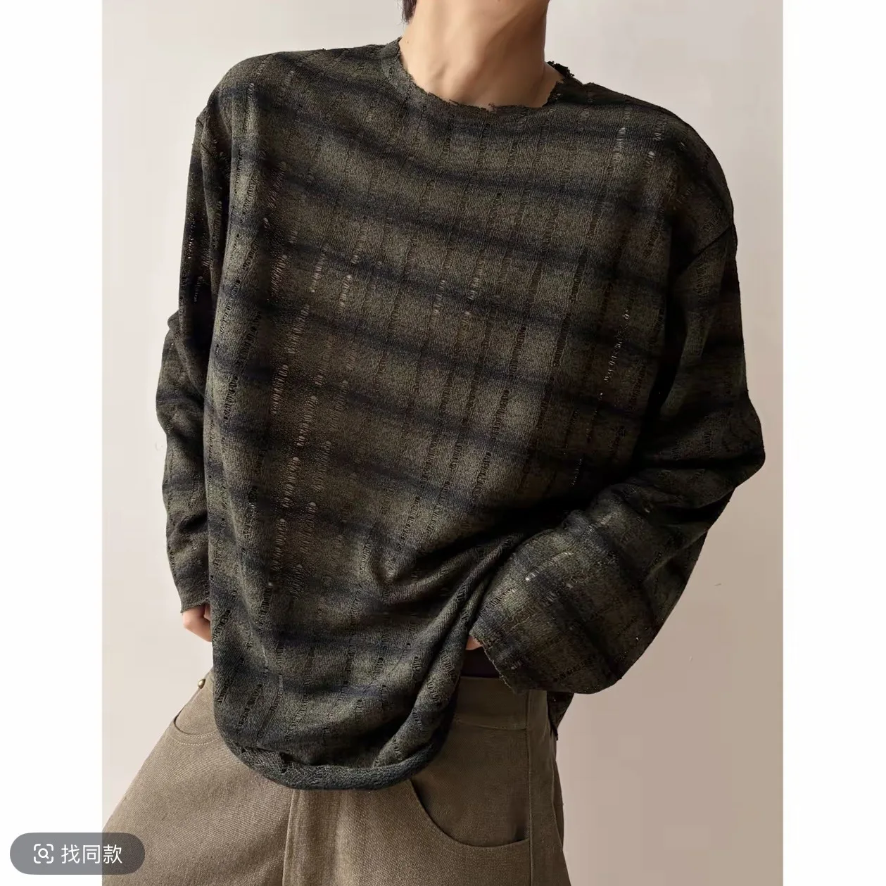 2026 Men's Gradient Vertical Stripes Loose Hole Semi-transparent Thin Long-sleeved T-shirt Raw Edge Blouse for Men — купить у AliExpress WW