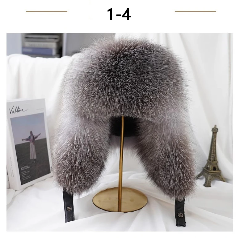 Winter 100% Echtes Silberfuchsfell Bombermütze Waschbärpelz Mütze Neue Herren-Ushanka Trapper Russische Herren-Skimütze Echte Lederkappen – Detail 17