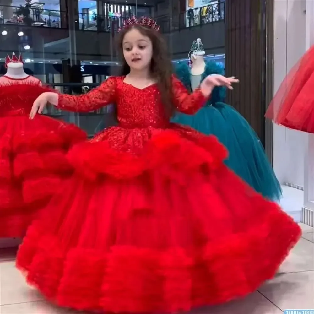 

Flower Girl DressesRed Flower Girl Dress Pageant Gown For Wedding Sequins Ruffles Tiered Princess Birthday Party Guest Evening G