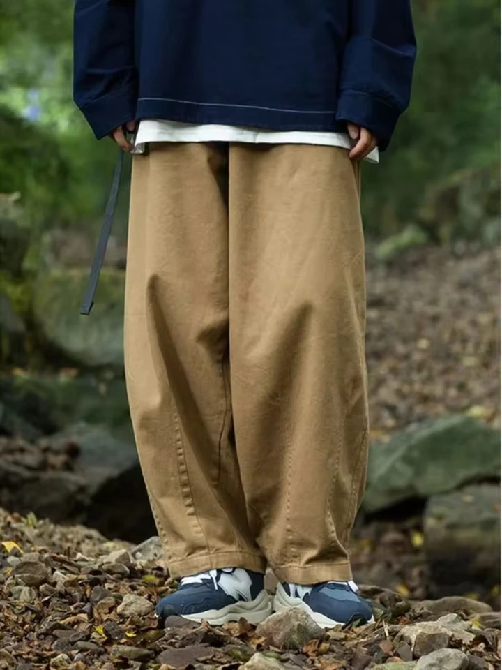 Retro Japanese Design Solid Color Elastic Waist Straight Leg Work Pants Unisex Loose Wide Leg Casual Pants Cotton Fabric Yout...