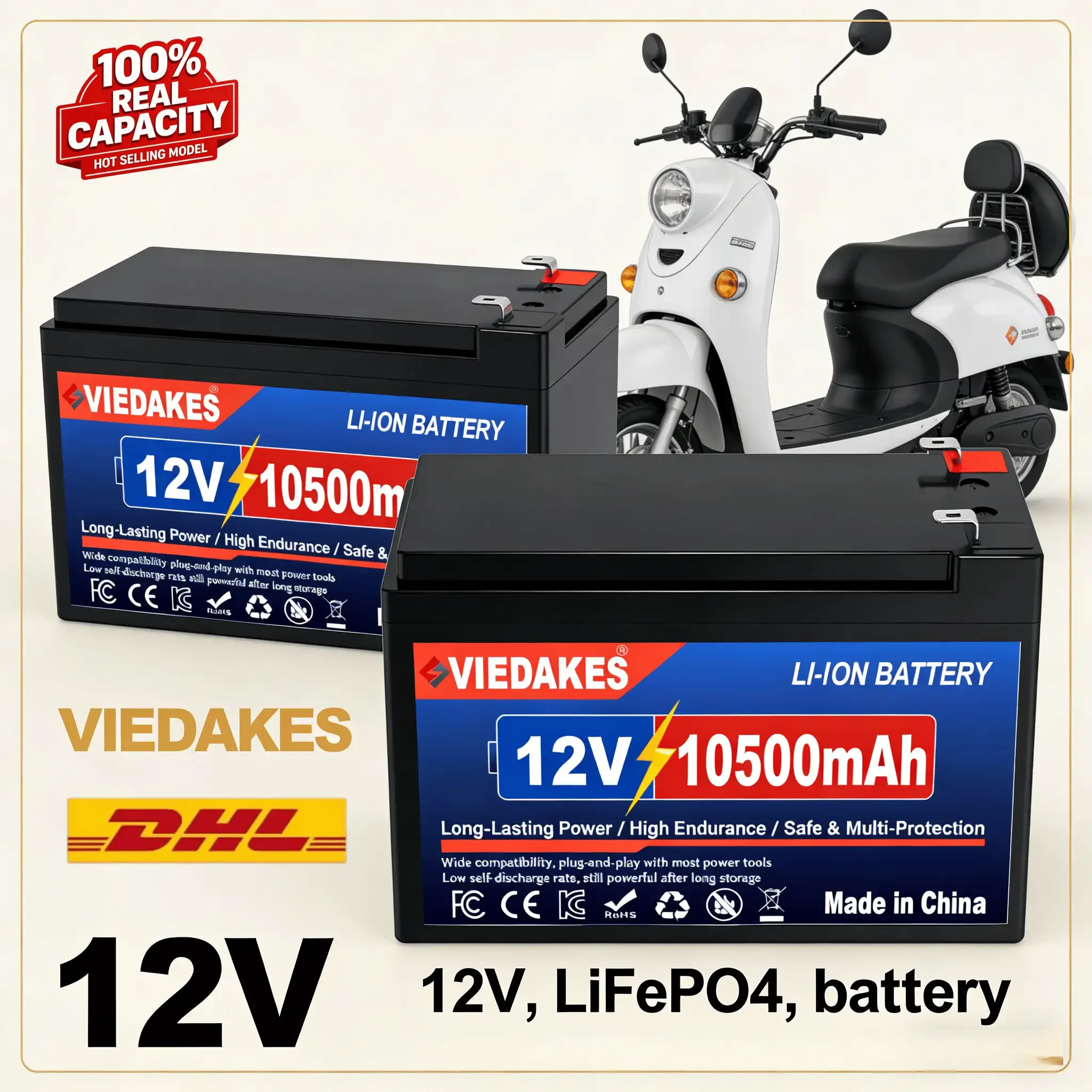 

VIEDAKES 12V LiFePO4 Battery 3S7P 10.5Ah 100% Real Capacity with Charger Wires for Fish Finder LED Camping
