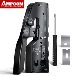 AMPCOM rj45 Crimper CAT7 Crimping Tool for Pass Through RJ11 RJ 45 Connector CAT6 CAT5E Modular Plugs With Wire Stripper Cutter