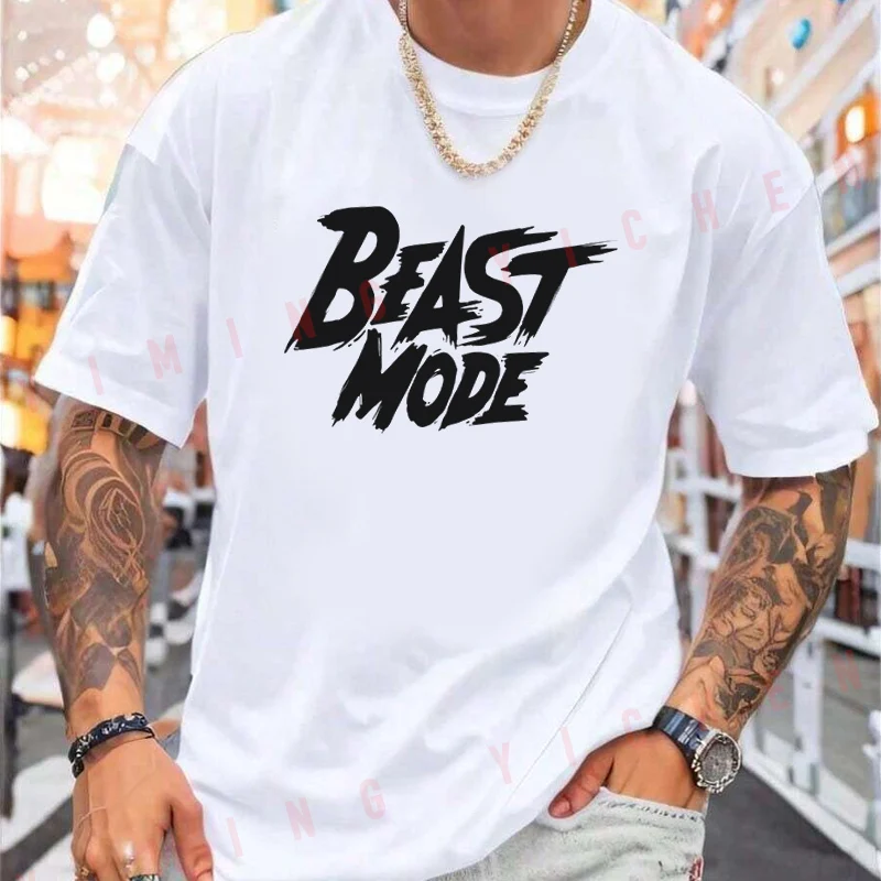 BEAST MODE Letter Graphic Motorcycle T-Shirt Men Hip Hop Streetwear Unisex Casual Fashionable Short Sleeve Tops