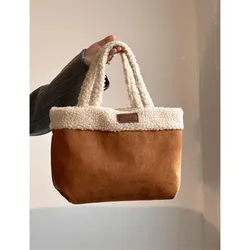 Korean Faux Suede Niche Lamb Wool Handbag High-End Texture Plush Double-sided Portable Bucket Bag Popular Winter New Tote Bag