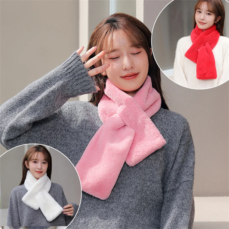 2024 Winter New In Designer Scarf Women Luxury Warm Cross Scarves Ladies Clothes Woman Artifical Rabbit Fur Soft Comfortable