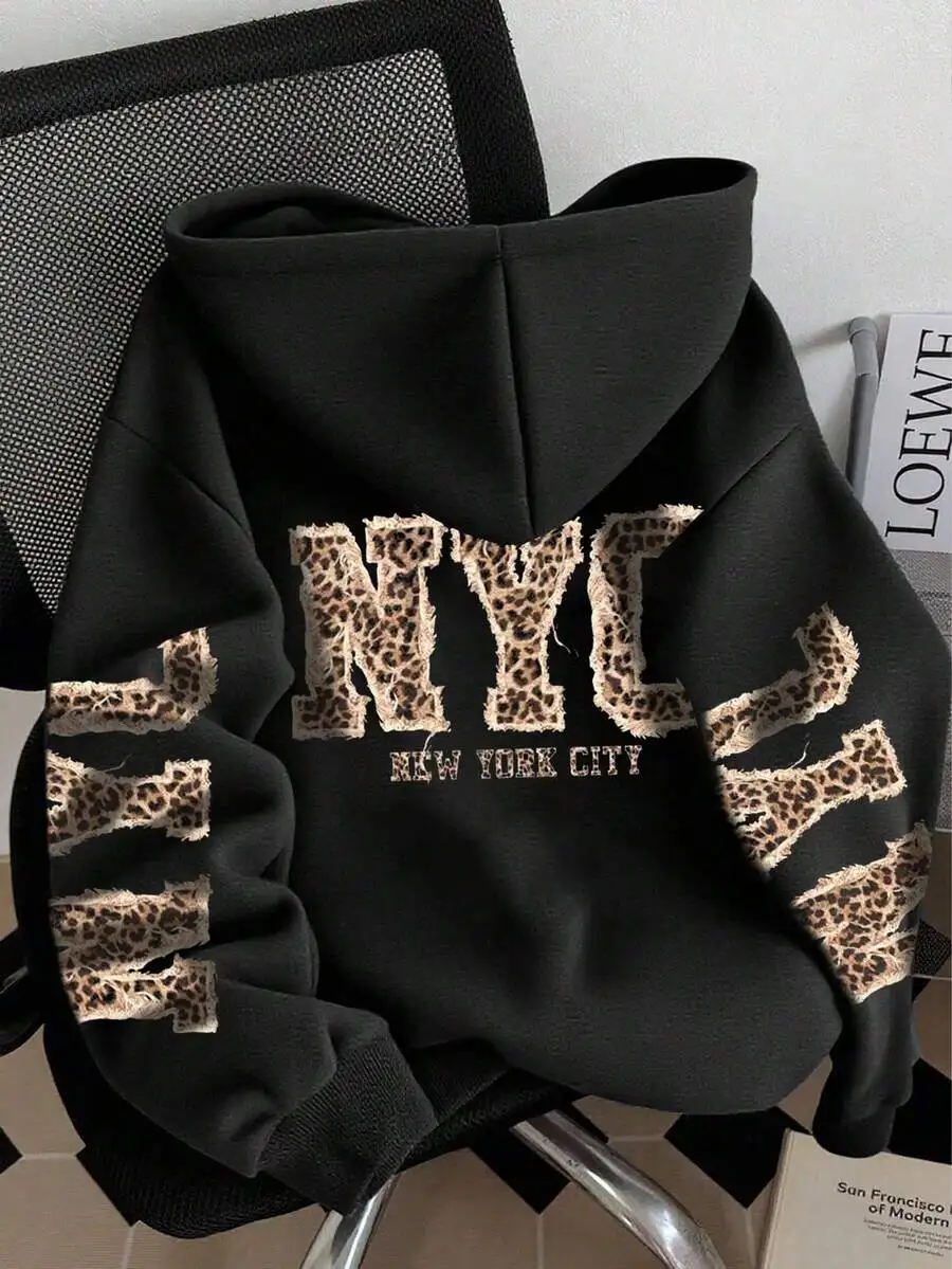 

Черная женская толстовка оверсайз с леопардовым принтом и надписью, свободного кроя, повседневная