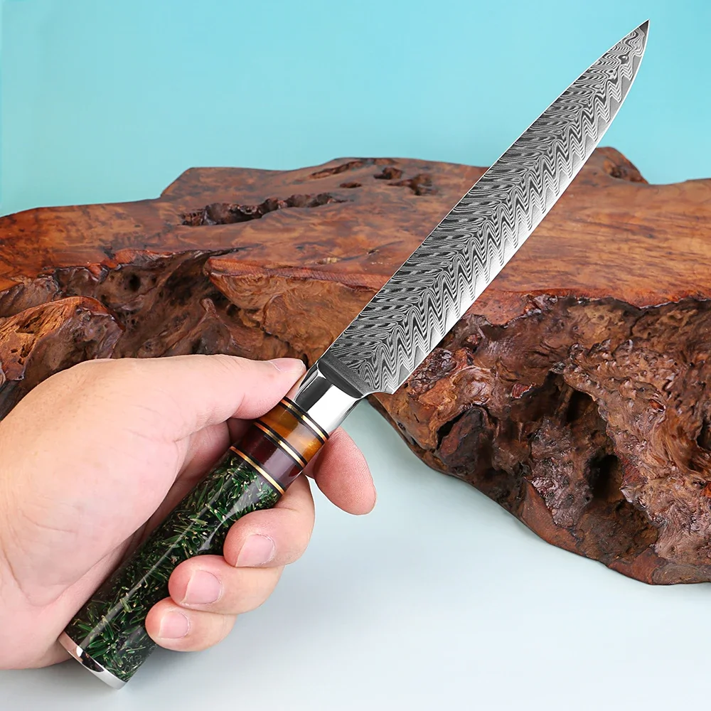 

Профессиональный 8-дюймовый нож для нарезки, кухонный нож с лезвием из дамасской стали, острый нож для разделки мяса, ветчины, риса, с рукояткой из рисовой шелухи и смолы