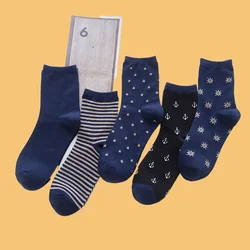 5/10 Pairs Cotton Socks Spring and Autumn Sports Trend Japanese Cotton Socks Navy Style Men's Sports Socks Men's Mid-Tube Socks