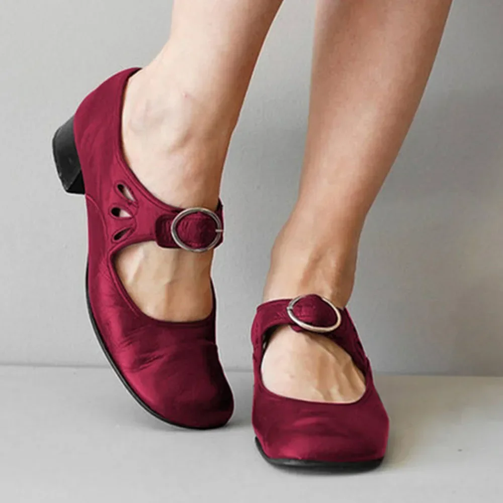 Chunky Heel Women  Shoes Low Heel Strap Pumps Soft Leather Sweet 2025 New Spring Women Shoes Walking Comfy Big Size image 3