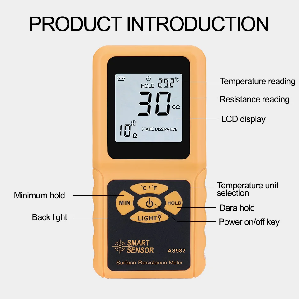 Smart Sensor Portable LCD Display Surface Resistance Meter Tester Handheld Surface Resistance Meter with Data Holding Function