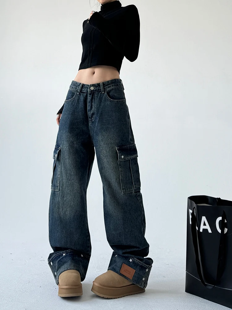 

Американская уличная рабочая одежда с несколькими карманами, джинсовые брюки, женские свободные узкие прямые широкие джинсы с манжетами, зимний тренд, бренд