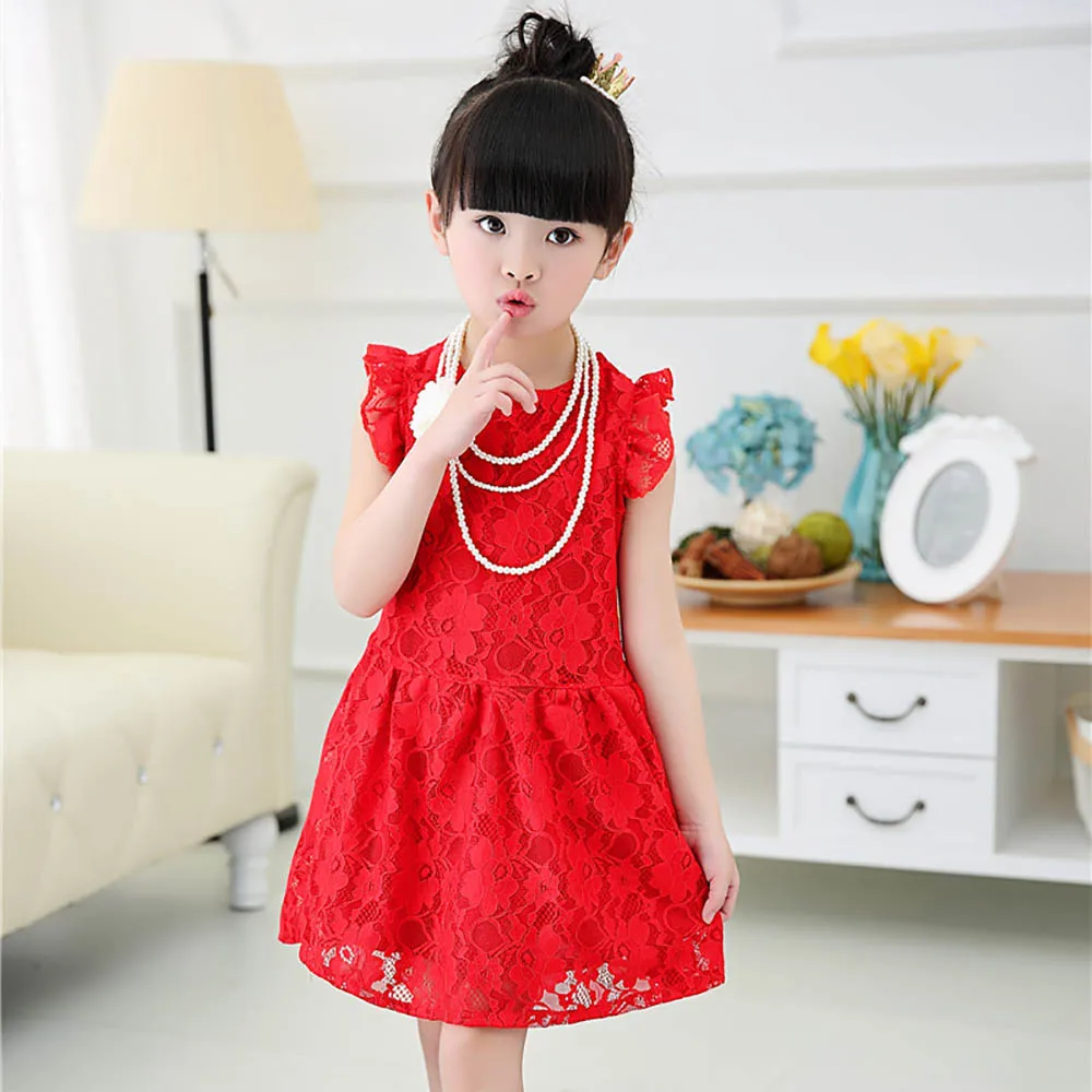 

Summer New Girls Dress Sweet Princess Dress Small Flying Sleeve Pleated Lace A-line Skirt Promotional Solid Color