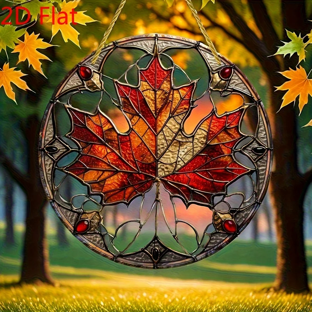 Acrylic Painting Stunning Red-Gold Maple Leaf with Ornate Frame and Red Gem Accents Stained Glass Style Round Wall Decor, 2D Fla