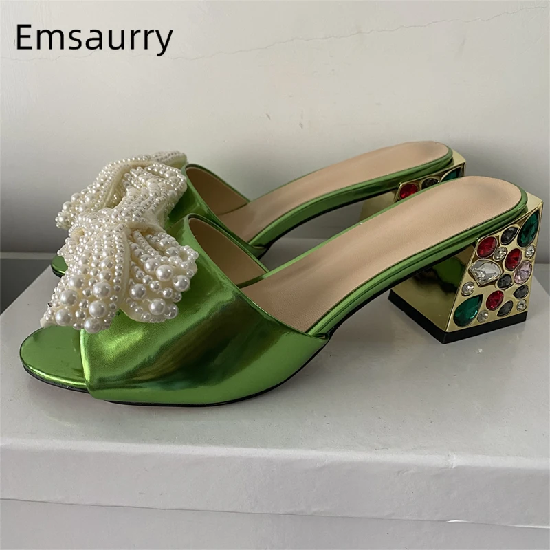 Quality Beads Butterfly-Knot Flower Sandals Women Colorful Rhinestone Square Heel Slingbacks Patent Leather Summer Shoes