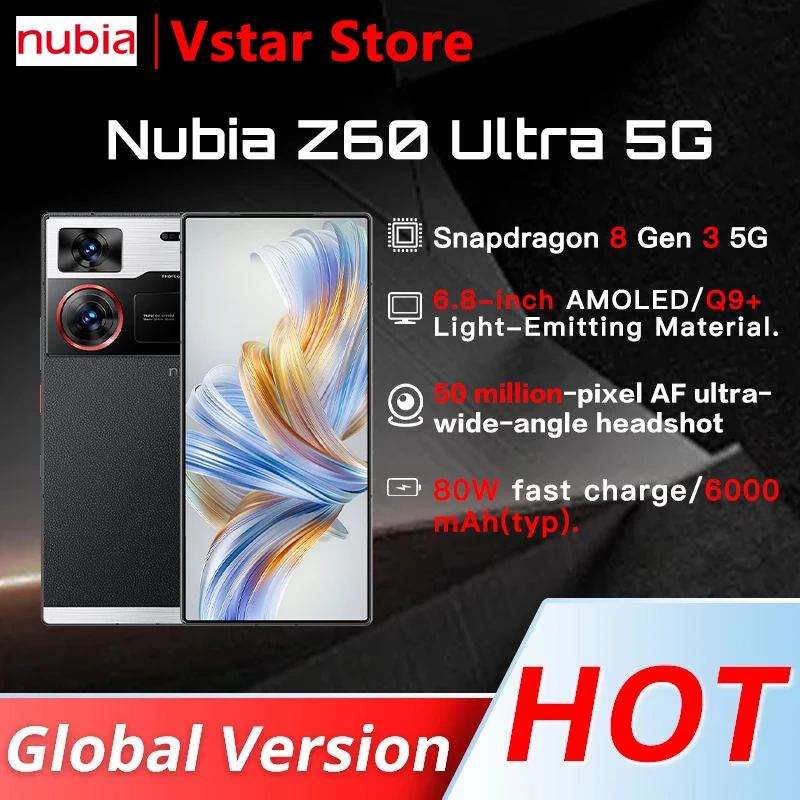 Wersja globalna Nubia Z60 Ultra fotograficzna wersja 5G telefon komórkowy Q9 + pełny ekran 64MP główny Snapdragon 8 Gen3 NFC 6000mAh 80W