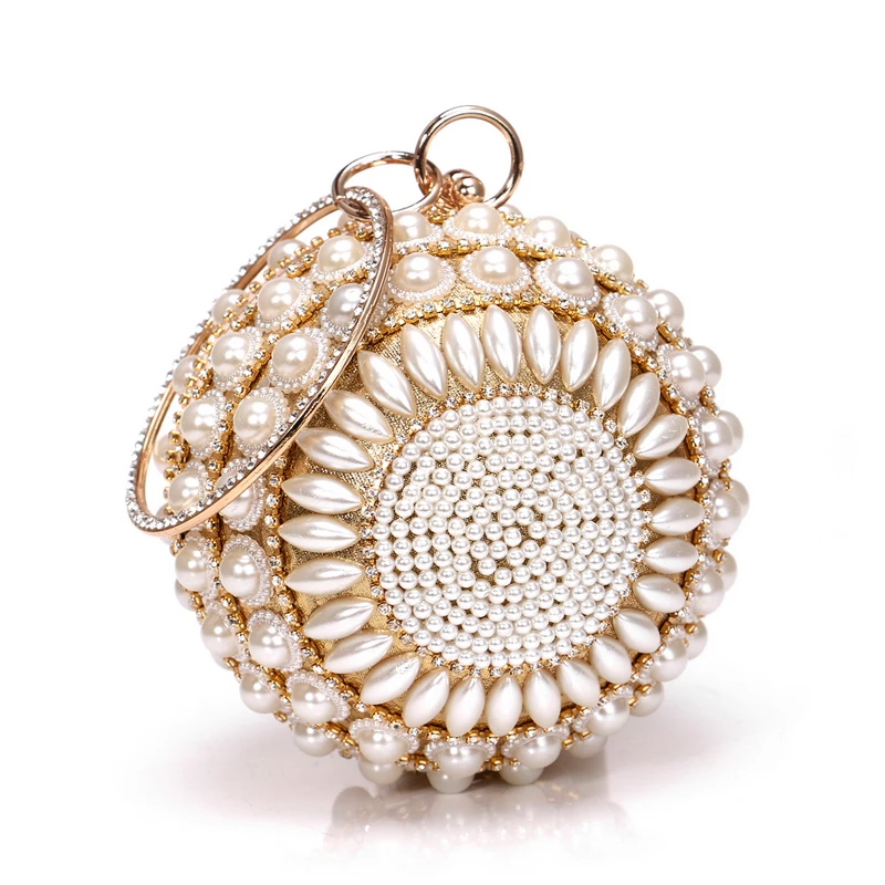 Beaded Diamonds Women Day Clutches Rhnestones Pearl Evening Bag Circular Shaped Chain Shoulder Handbags For Party Purse