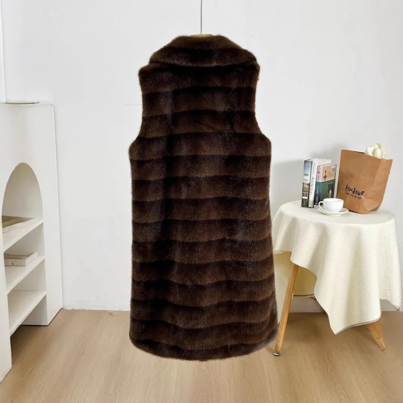 Colletto dentellato casual Gilet lunghi in pelliccia sintetica a righe caffè Giacche pelose in finto coniglio Cappotto soffice in peluche doppiopetto Cappotti caldi