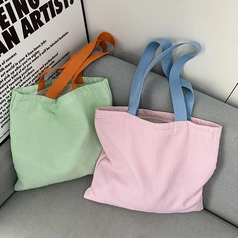 

Stripe Contrast Color Women's Canvas Shoulder Bag Large Capacity CollegeBook Tote Zipper Handbags Simple Commuter Shopping Bag