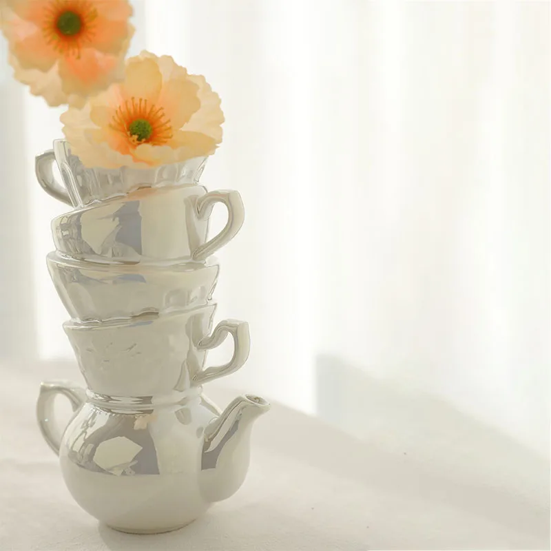 TingKe-Ceramic Stacking Cup Vase Ornaments, Korean-style Pearlescent, European and American Style, Home Decorations