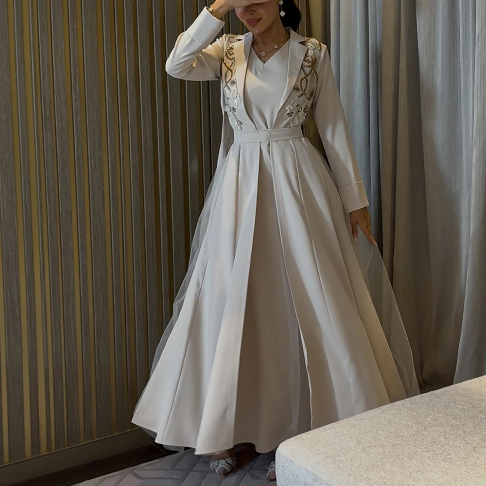 Customized A-line Evening Dresses Ankle-length V-neck Full Sleeve Prom Gown Fashion Sequined Flowers Simple Draped Party Gown