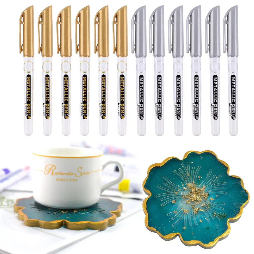2/6pcs Handmade Highlights Gold Leafing Point Pen Permanent Marker Gold Silver Resin Drawing Pen Metallic Pen Epoxy Resin Mold
