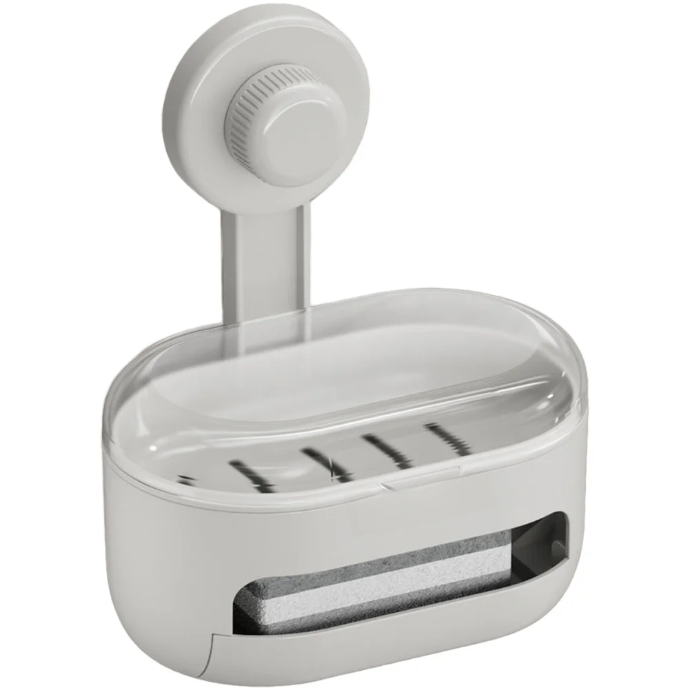 Wall Mounted Soap Box With Strong Suction And Dustproof Lid Multifunctional Shower Soap Holder With Drainage And Sponge Tray