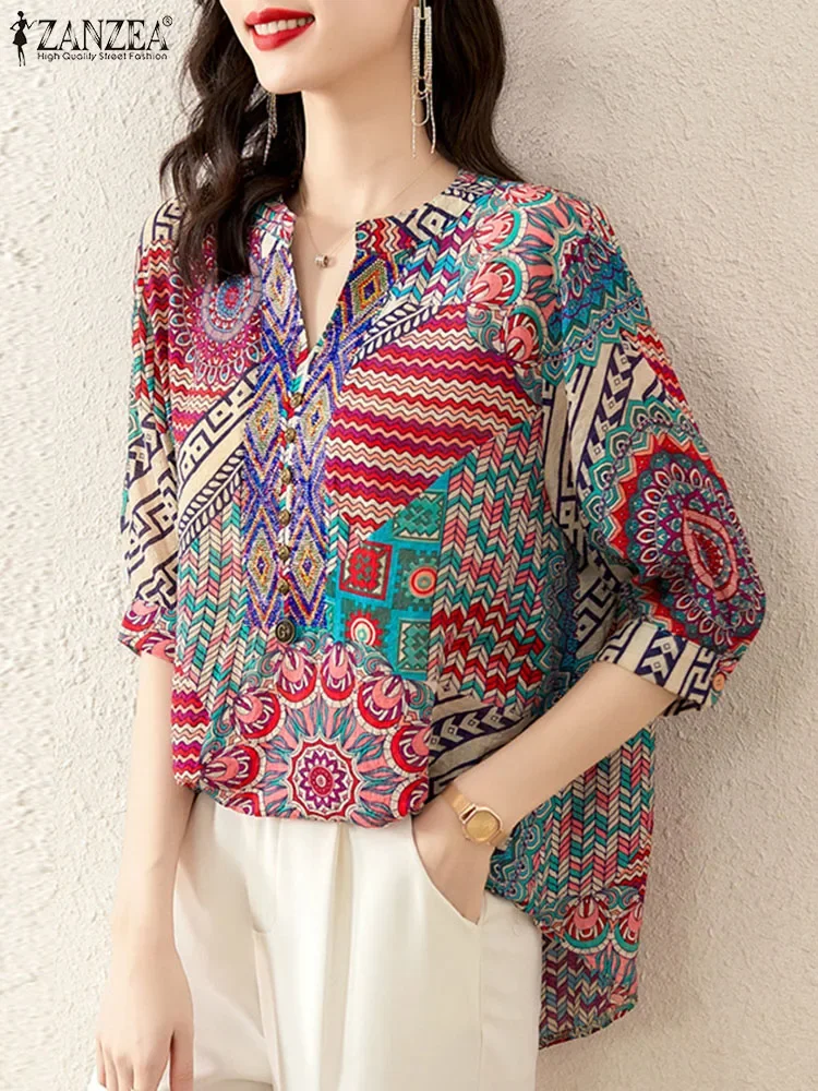 ZANZEA Vintage V-neck Female Blusa Holiday Ethnic Printing Tunic Women Summer Bohemian Blouse 2024 Summer Loose Half Sleeve Tops