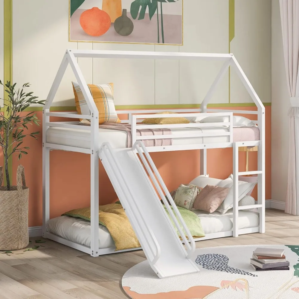 Heavy Metal House Low Bunk Bed with Slide & Ladder Twin Over Twin, Montessori Floor Bunk Bed Frame with Full-Length Guardrail