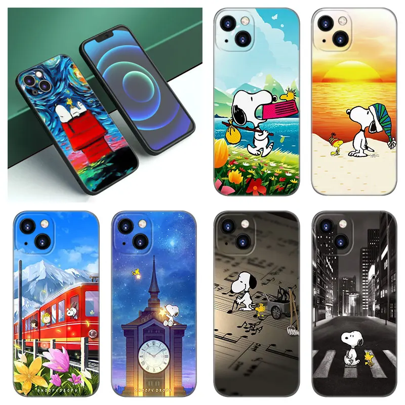 S-Snoopys Dogs Phone Case For Apple iPhone 12 13 Mini 11 14 15 Pro Max 7 8 Plus X XR XS SE 2020 2022 Black Silicone Case