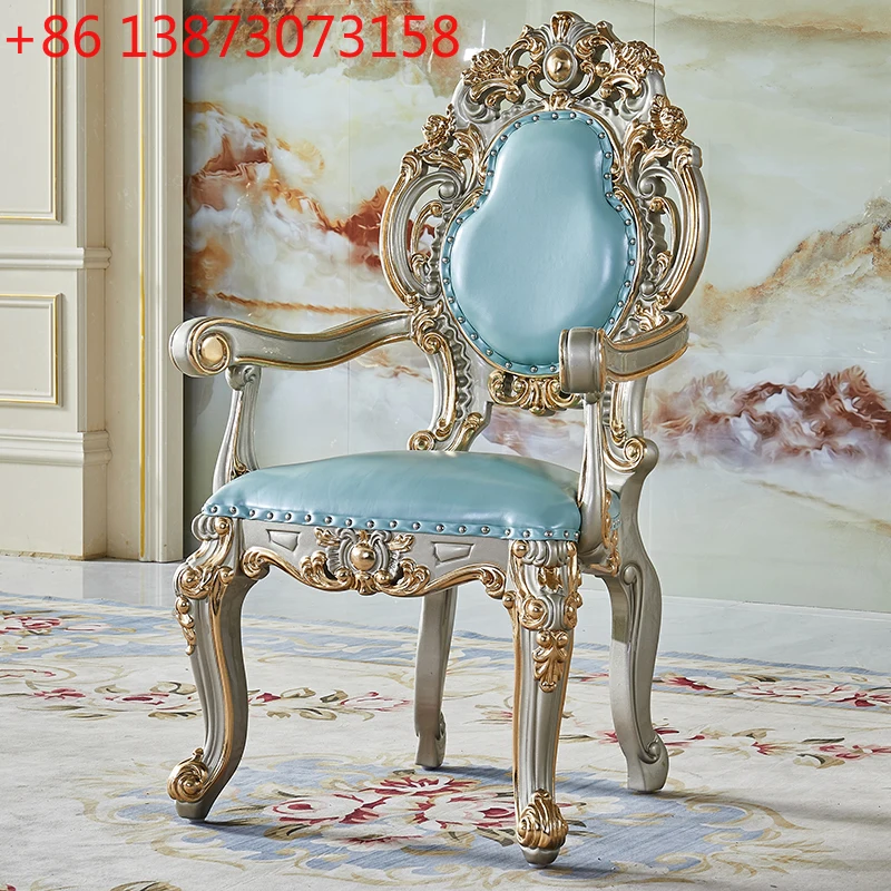 

European dining chair full solid wood carving flower with armrest leather boss chair villa dining chair first layer cowhide