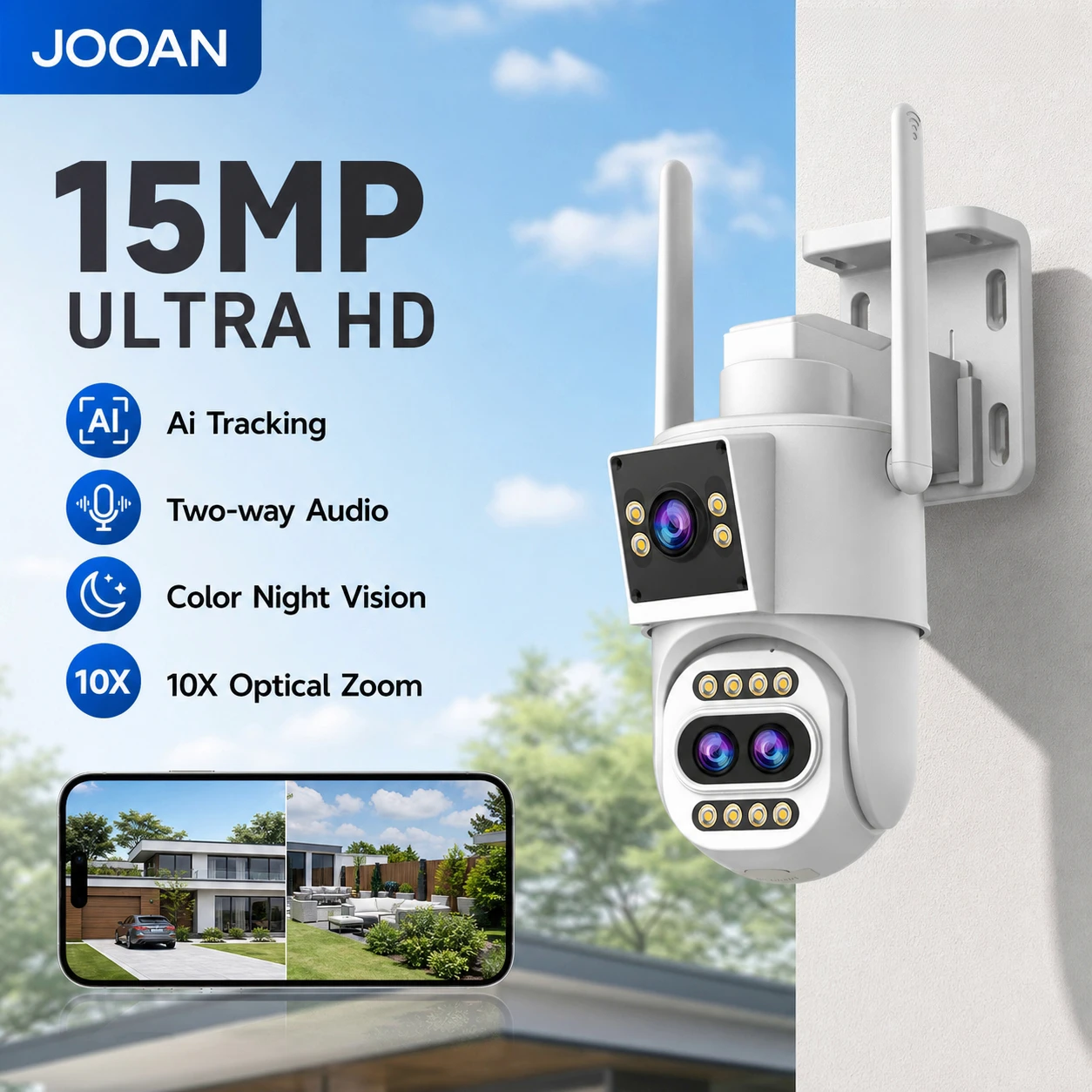 JOOAN 5K 15MP WiFi IP Camera Outdoor Three Lens 10x Zoom Auto Tracking Night Vision Security PTZ Camera