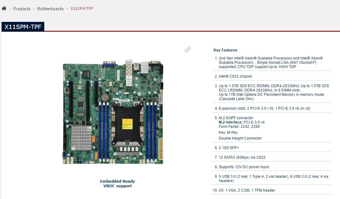 X11SPM-TPF for Supermicro MicroATX Motherboard LGA-3647 Xeon Scalable Processors DDR4 M.2 10G SFP+ SATA3 (6Gbps) via C622