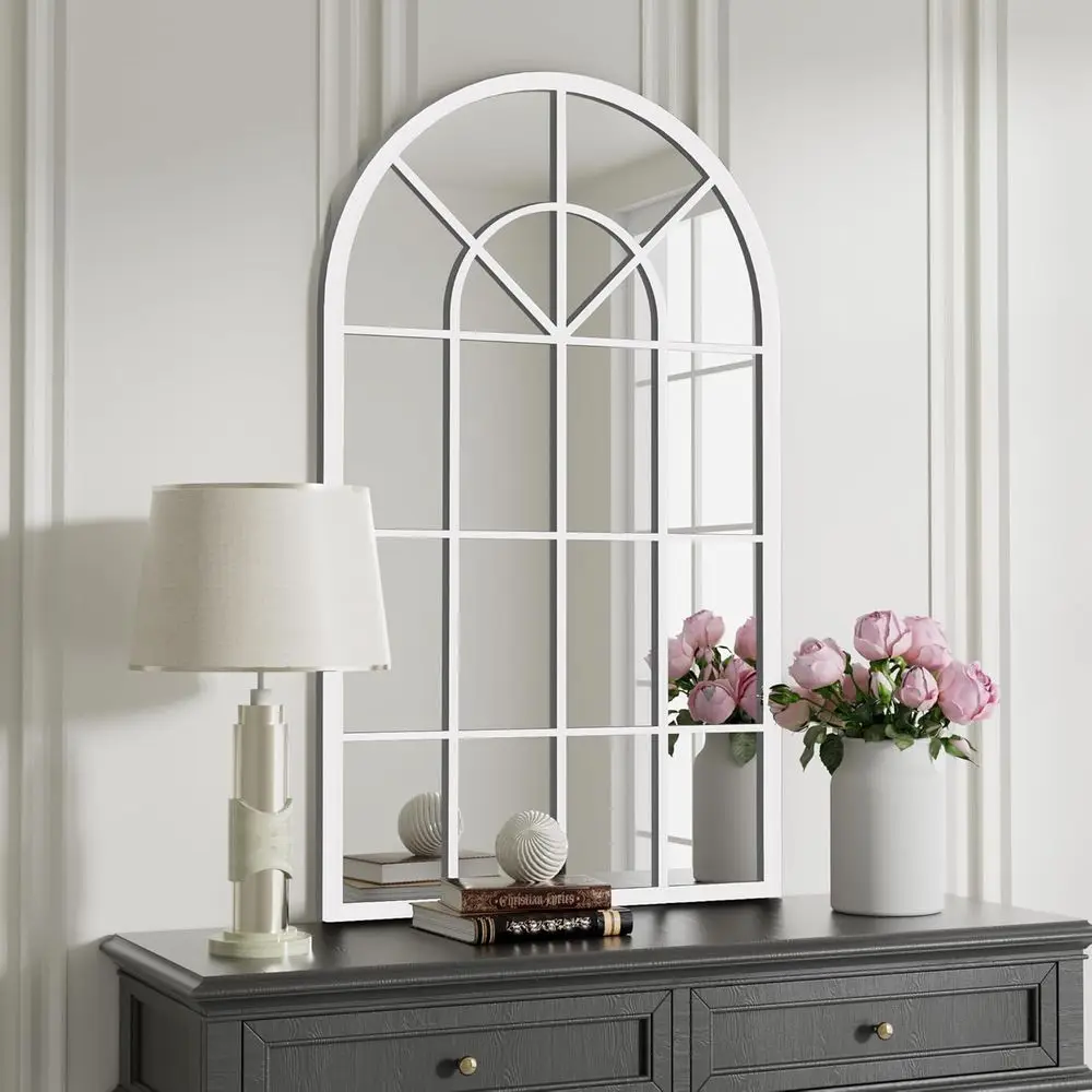 

24x42 Arched Wall Mirror, House Style with Iron, Paneled Decor for Bedroom, Entryway, Living Room (White)