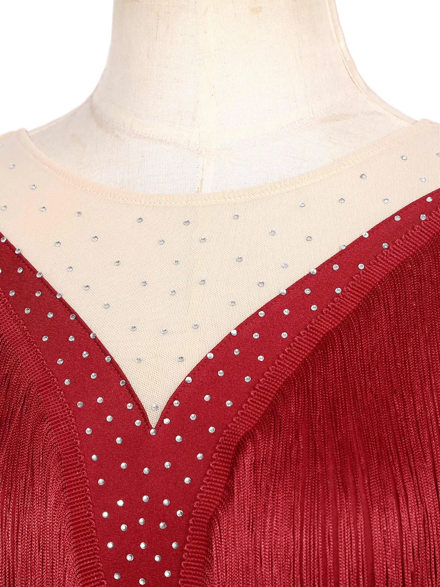 Womens Ballet Dance Leotard Figure Skating Gymnastics Latin Cha-cha Tango Samba Dancewear Shiny Rhinestone Mesh Tassel Bodysuit