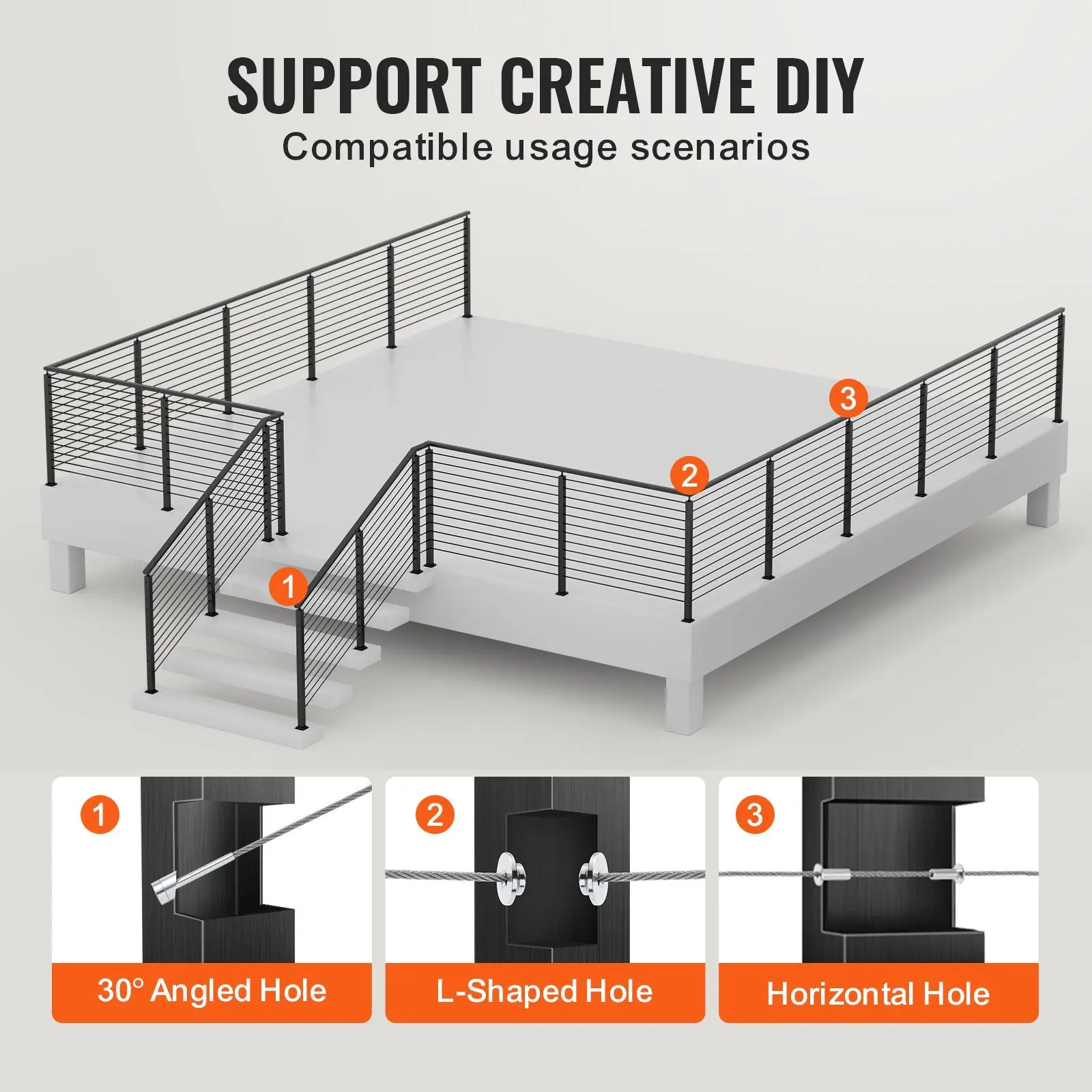 Cable Railing Post Level Deck Stair Post 36 x 0.98 x 1.97" Cable Handrail Post Stainless Steel Brushed Finishing Deck Rail