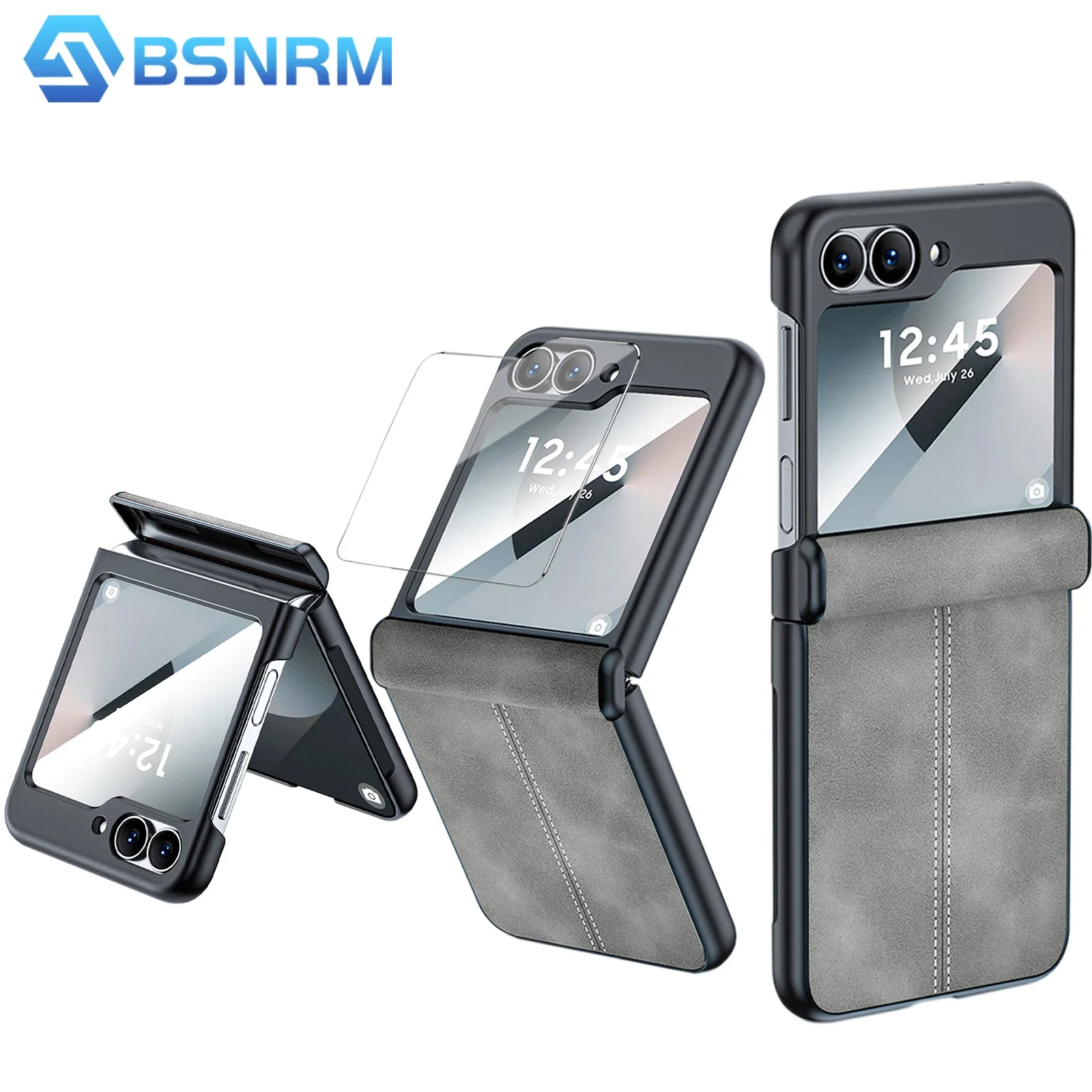 

for Galaxy Z Flip 6/7/7FE Phone Case,Built-in Screen Protector,Hinge Protection,PU Leather Matte PC Case-Gray