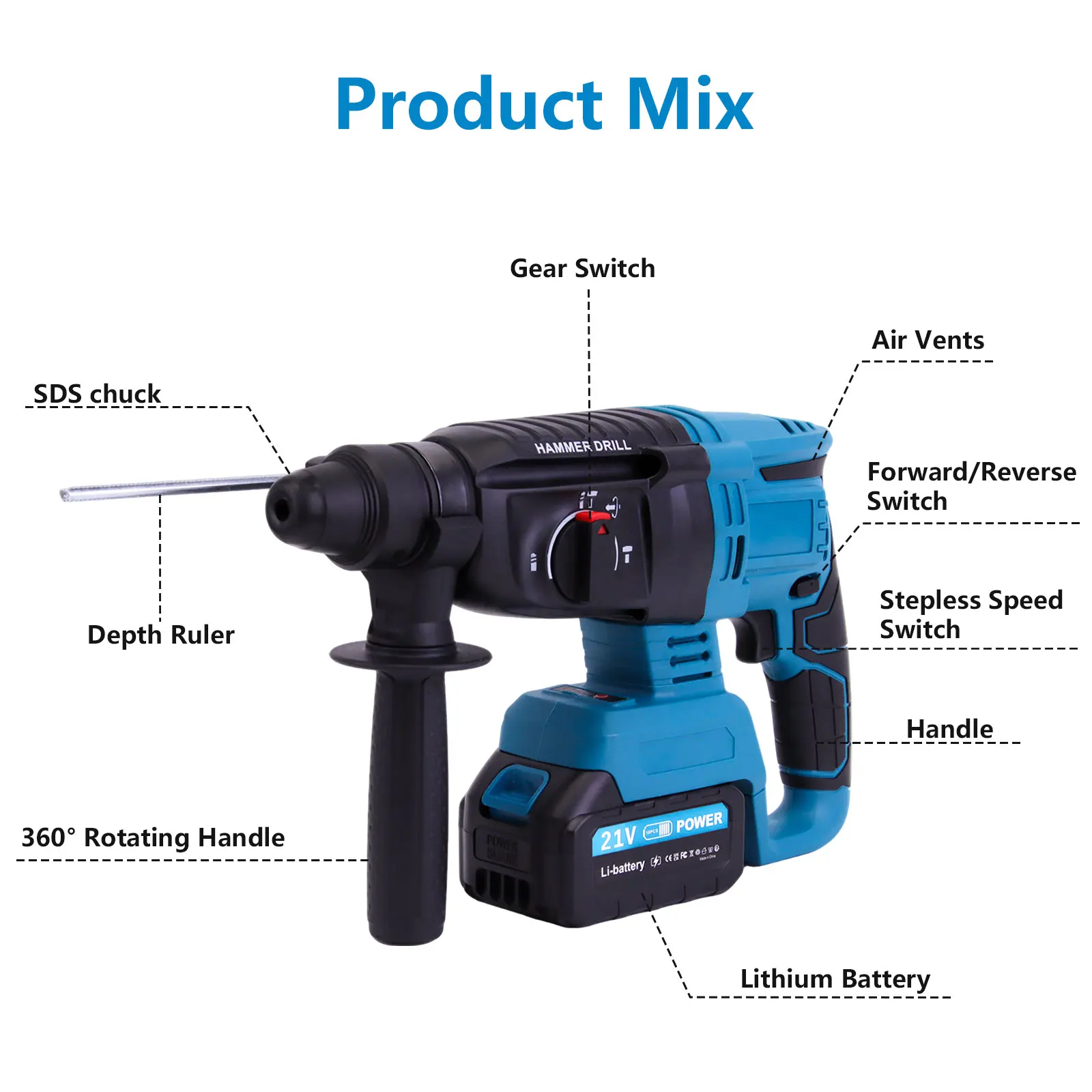 21V Brushless Hammer Drill 4 Function SDS Chuck 3500rpm 26mm 360° Rotating Handle for Concrete Wood For  Makita 18V Battery Pin