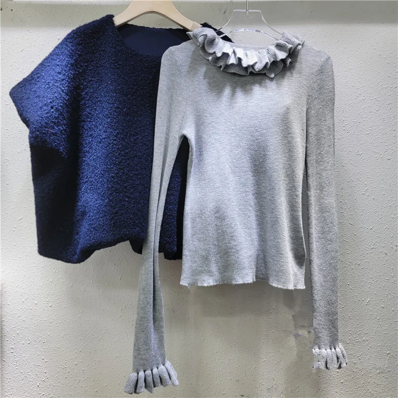 Temperament Blue Short Bubble Sleeve Pullover Fungus Edge Bottom Sweater Two-piece Set Women's Autumn and Winter Top