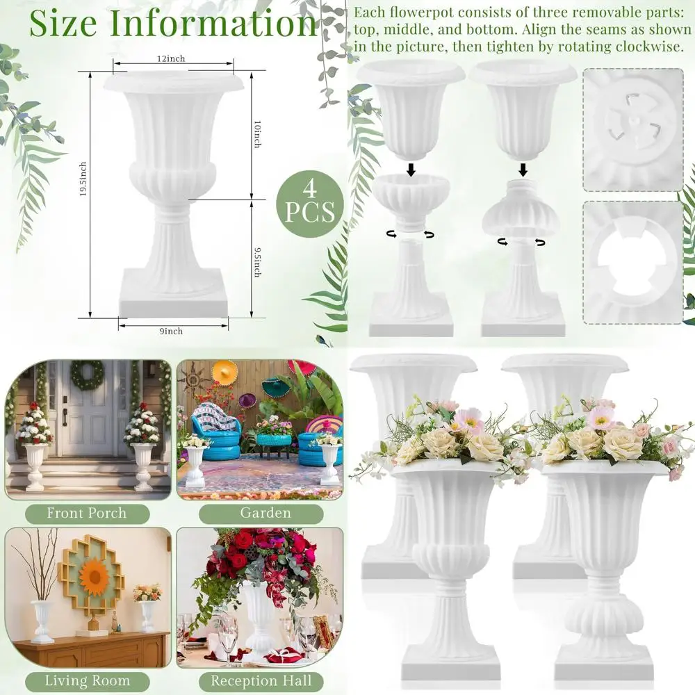 

4 упаковки 20-дюймовых больших пластиковых горшков для урны, нижний горшок для растений на пьедестале, белая подставка для растений или свадьба, вечеринка, события, дом, сцена, сад,