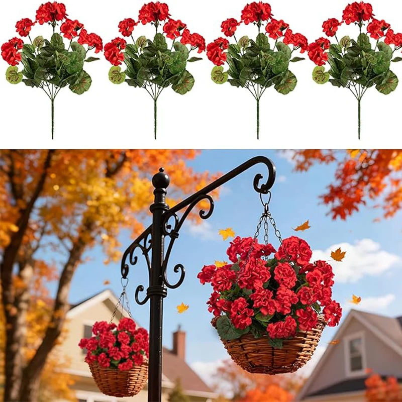 

1Pcs 14in Red Artificial Geranium Fake Silk Floral Bouquet Home Wedding Decoration Garden Cemetery Decoration Simulation Plant