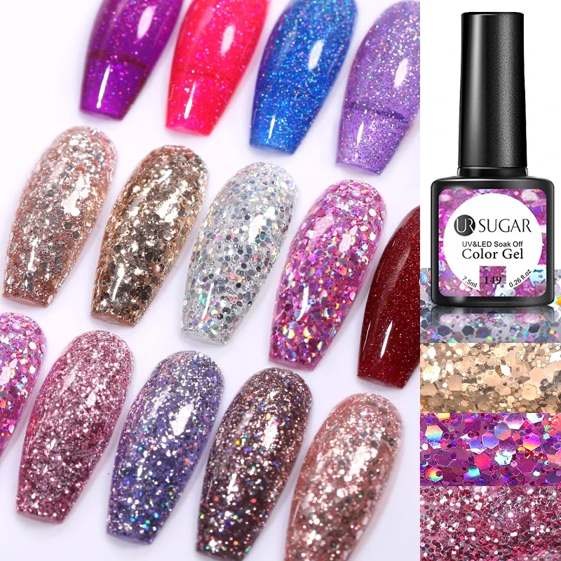 UR SUGAR 7.5ml Silver Purple Glitter UV Gel Bling Sequins Soak Off Manicuring Nail UV Gel Polish Need Base Top Coat Nail Art