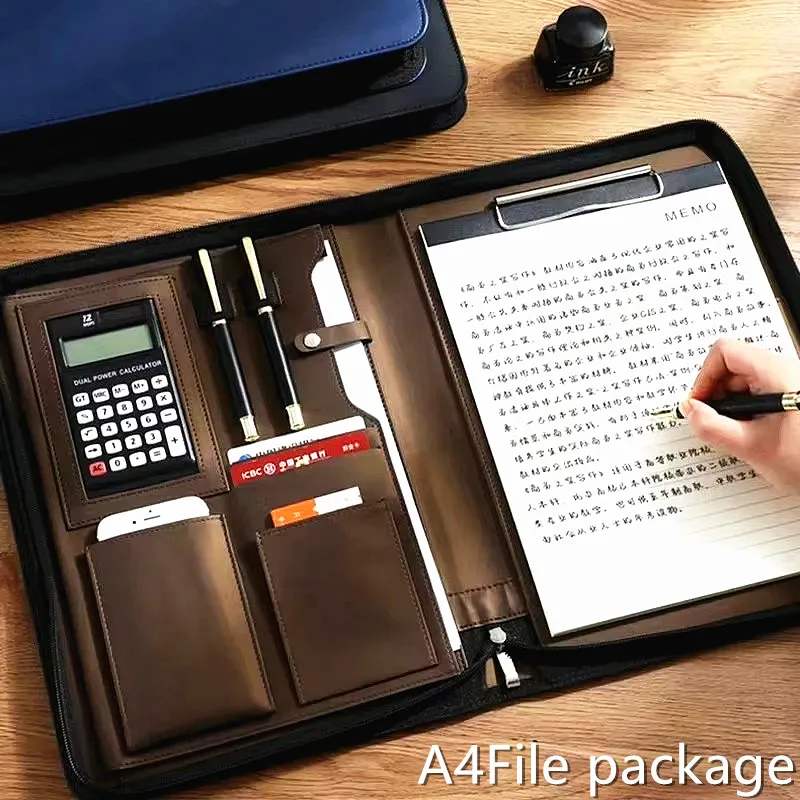 Portfel na dokumenty A4 ze skóry PU, etui na dokumenty z zamkiem błyskawicznym, skórzany segregator na dokumenty A4 z kalkulatorem