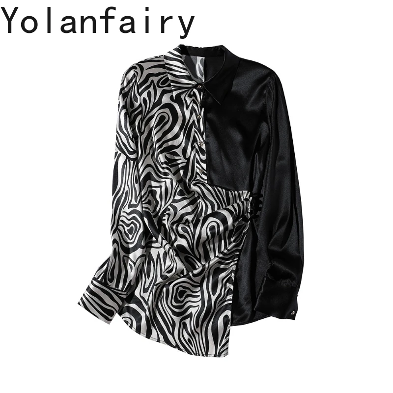 

YOLANFAIRY 95% Mulberry Silk 5% Spandex Shirt for Women 2025 Early Autumn Leopard Print Patchwork Top Long Sleeve Shirts Woman