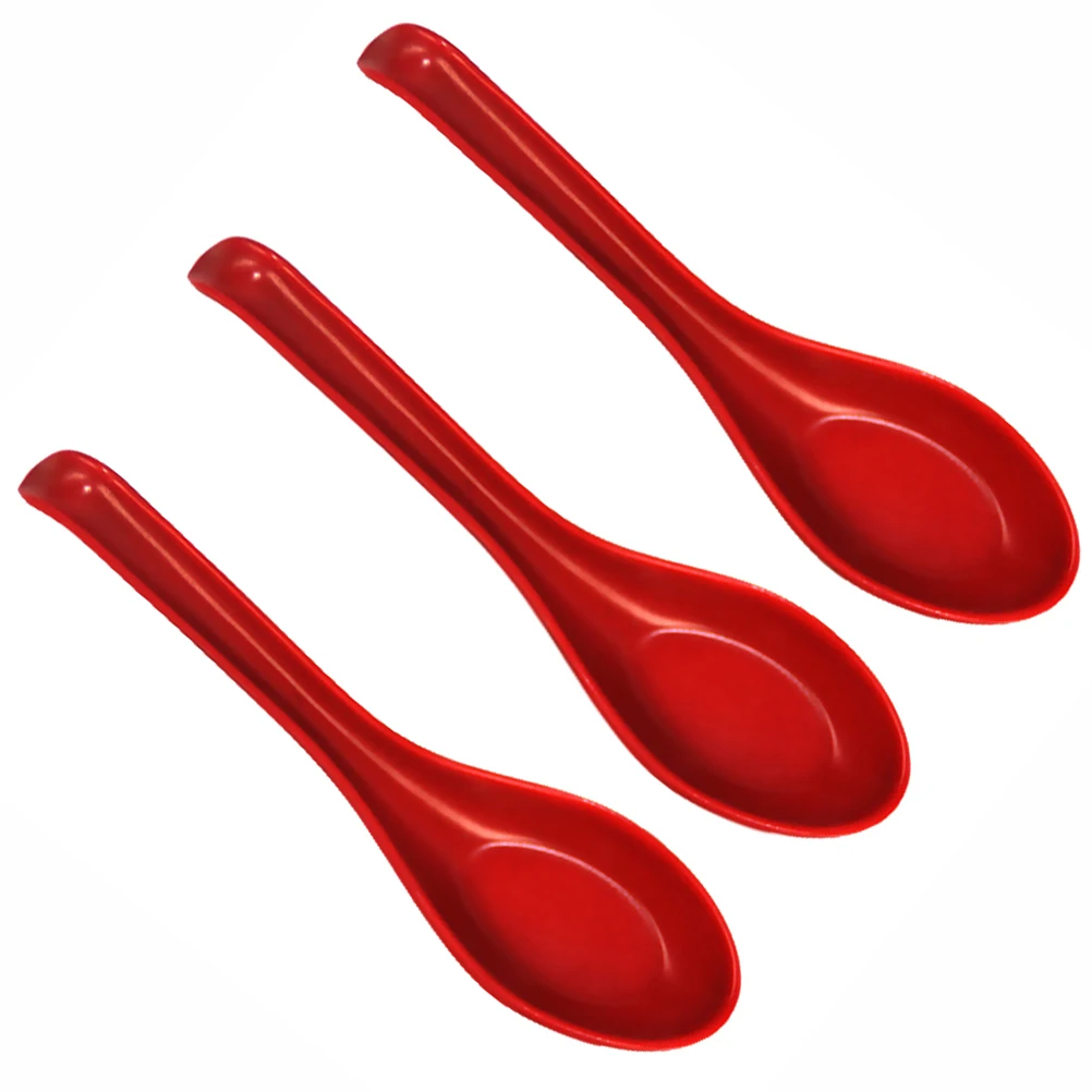 

3pcs Chinese Soup Spoons Asian Style Plastic Ladle Spoons Red Black Large Reusable Non Toxic Food Grade Scoop Rice Miso Soup