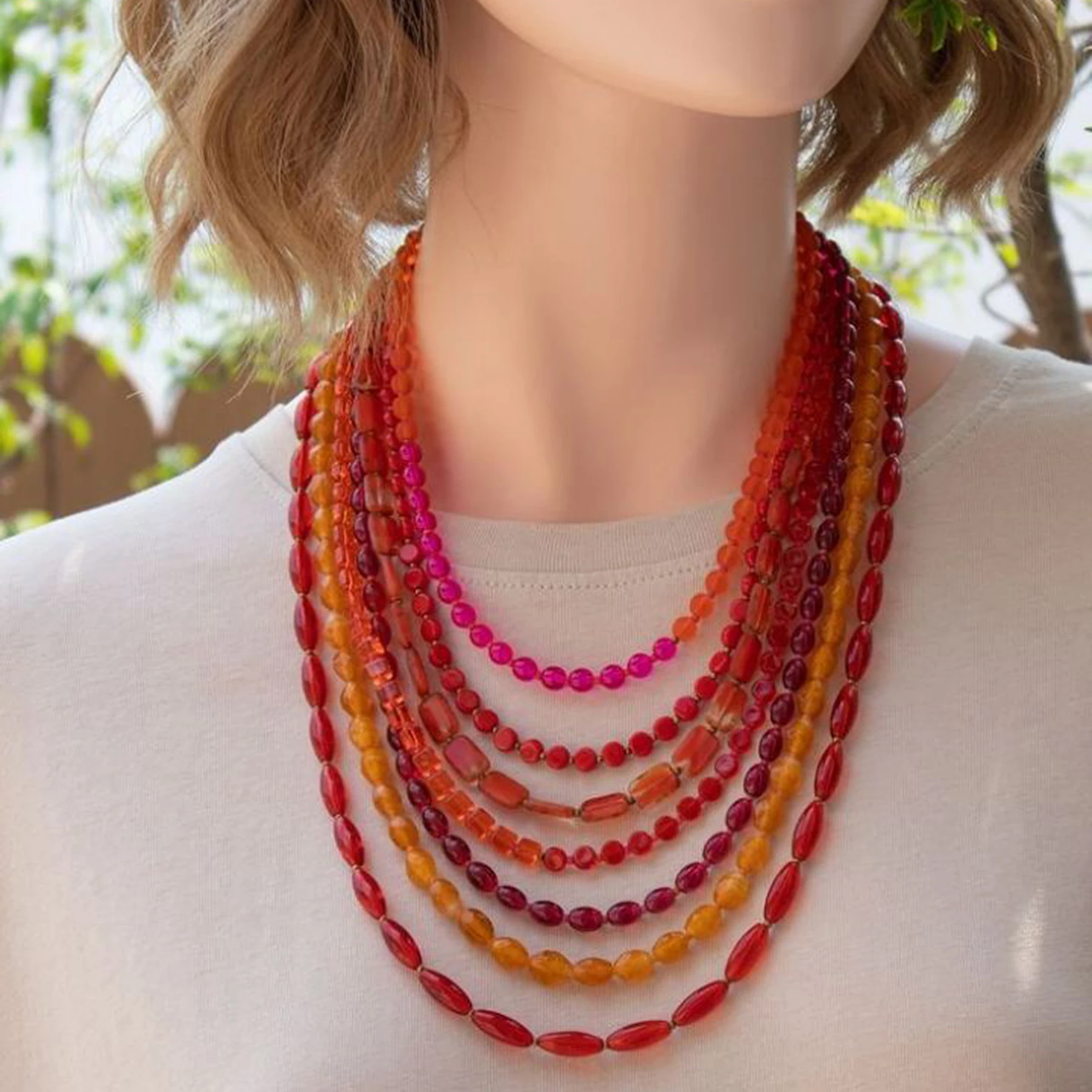 Multi Layer Orange Red Acrylic Resin Bead Necklace for Women European American Trendy Bib Choker Collar Neck Jewelry Accessories