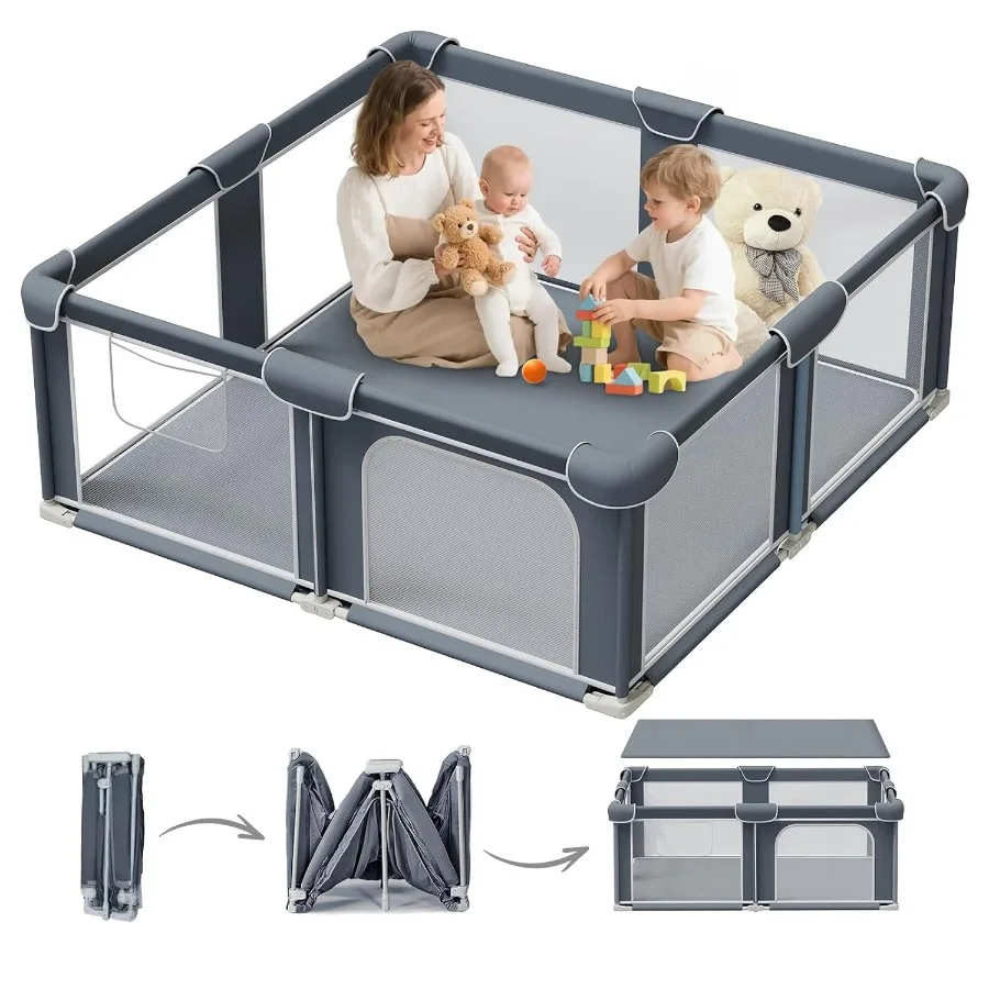 Opvouwbare box voor baby's en peuters 50"x50" Draagbare speeltuin met mat Opvouwbare speelpen met stevig metalen frame en M
